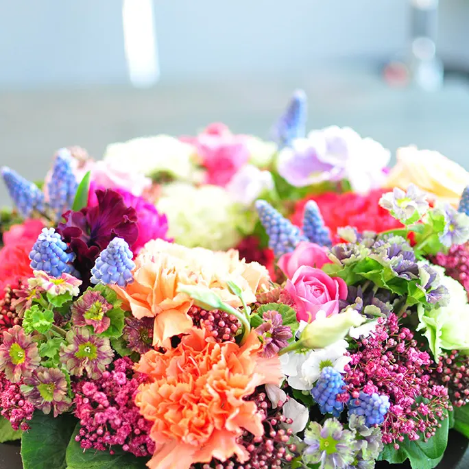 Bunter Frühlingsstrauß mit Nelken und Tulpen
