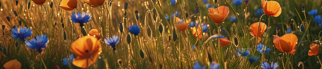 Wildblumenwiese mit orangen Mohnblumen und blauen Kornblumen im Gegenlicht der tiefen Sonne